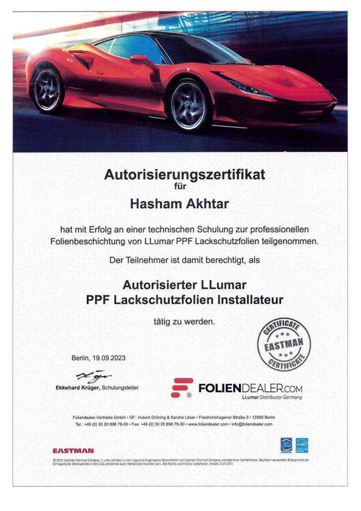 Paint protection PPF Zertefikat Hashim
